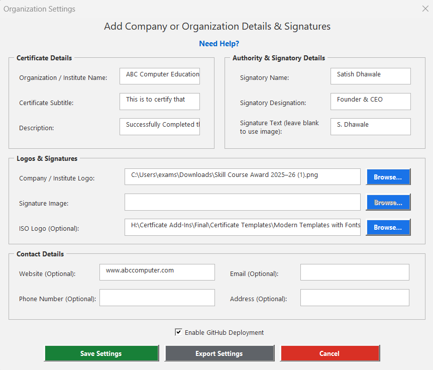 Certificate Maker Organization Settings form